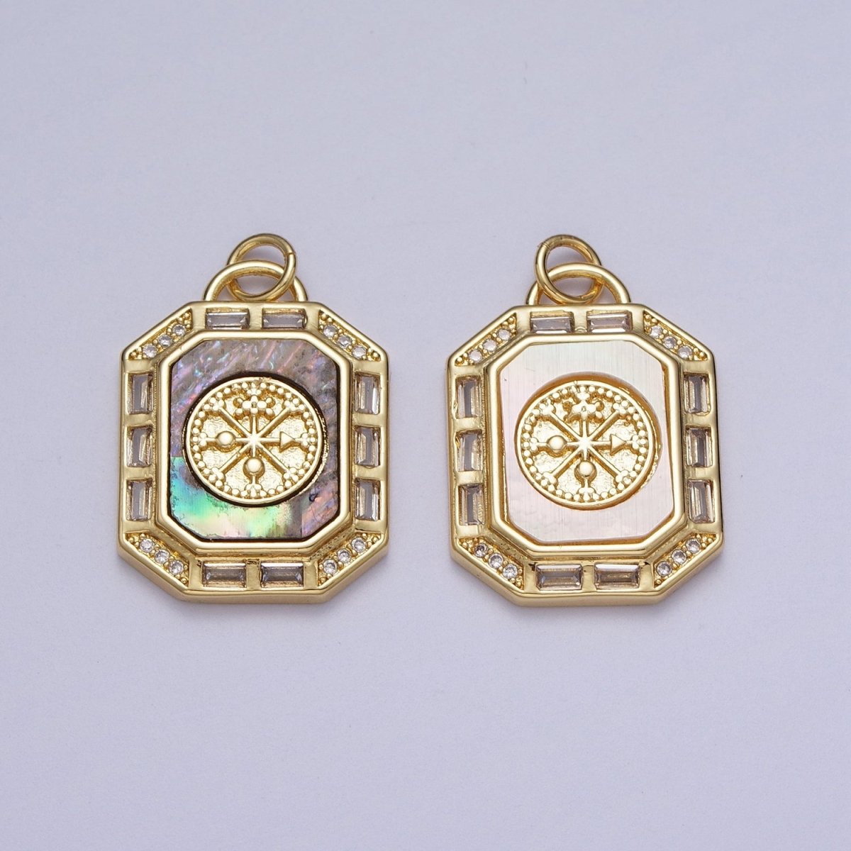 24K Gold Filled Shell Pearl, Abalone Tag Tile Compass Baguette Octagonal Charm E-743 N-390