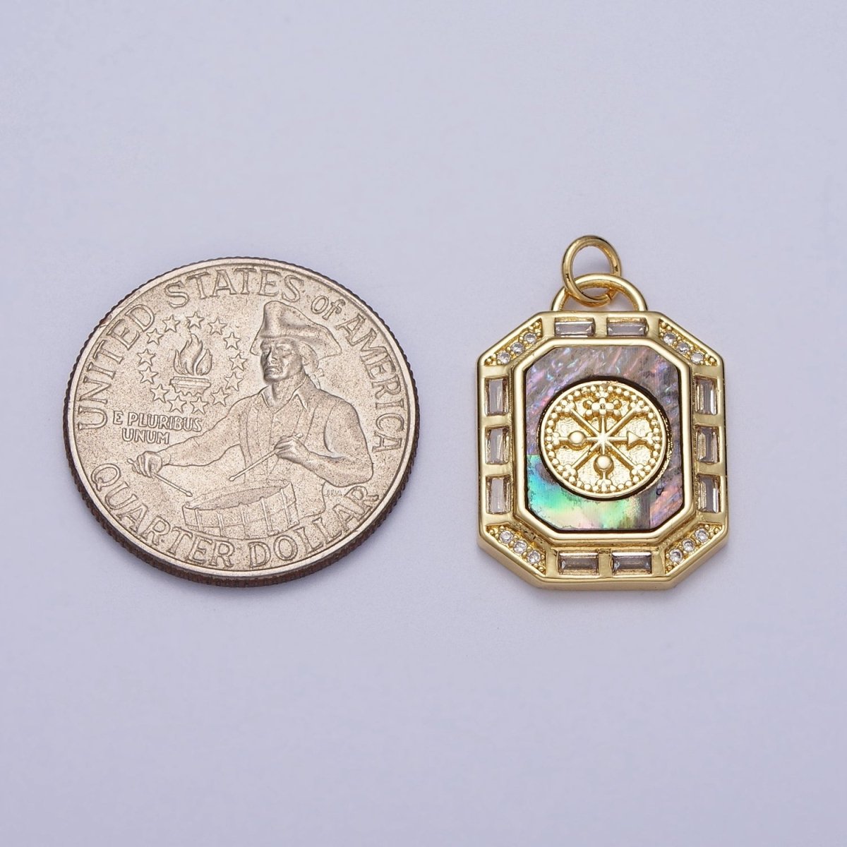 24K Gold Filled Shell Pearl, Abalone Tag Tile Compass Baguette Octagonal Charm E-743 N-390
