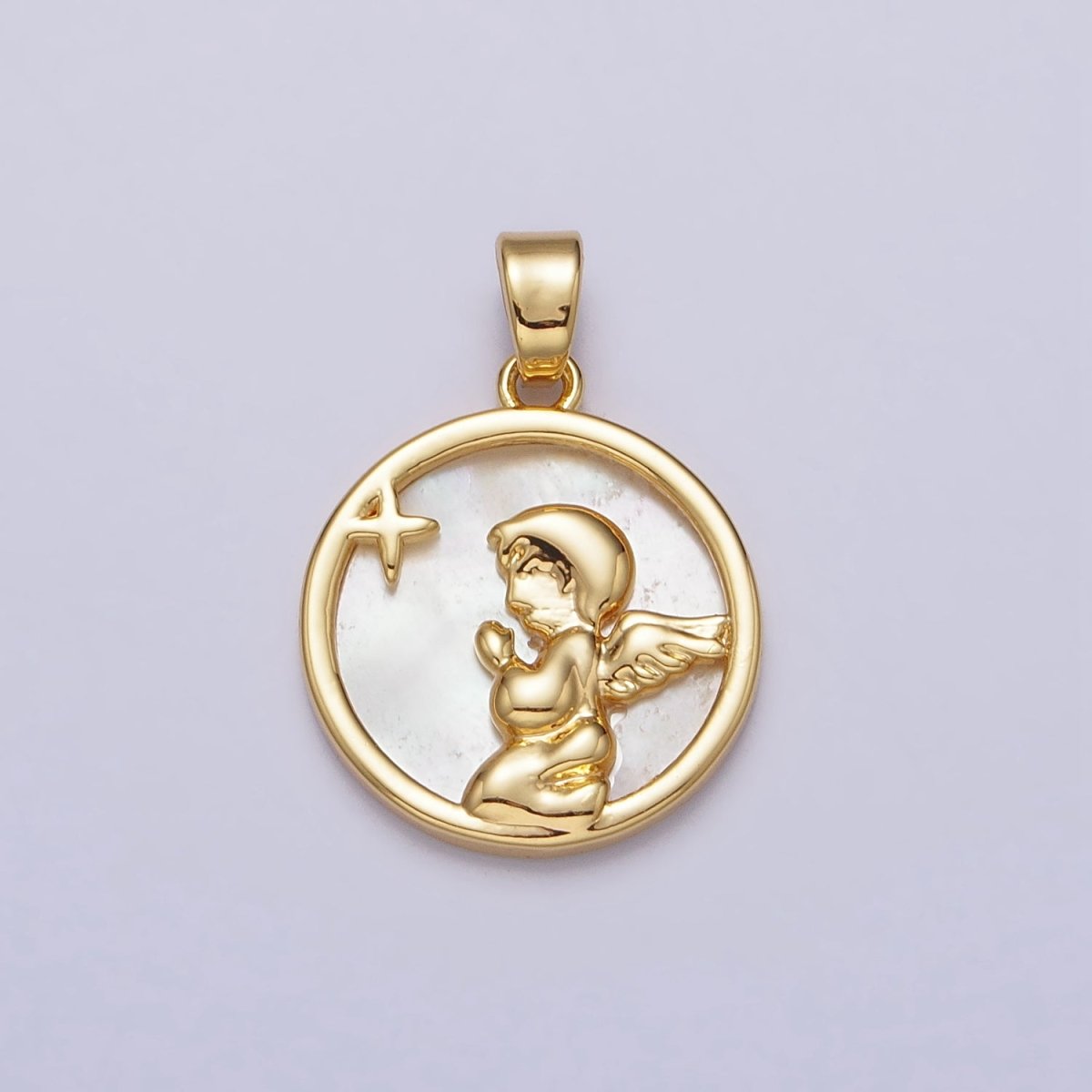 24K Gold Filled Shell Pearl Star Cherub Baby Angel Round Pendant | AA112