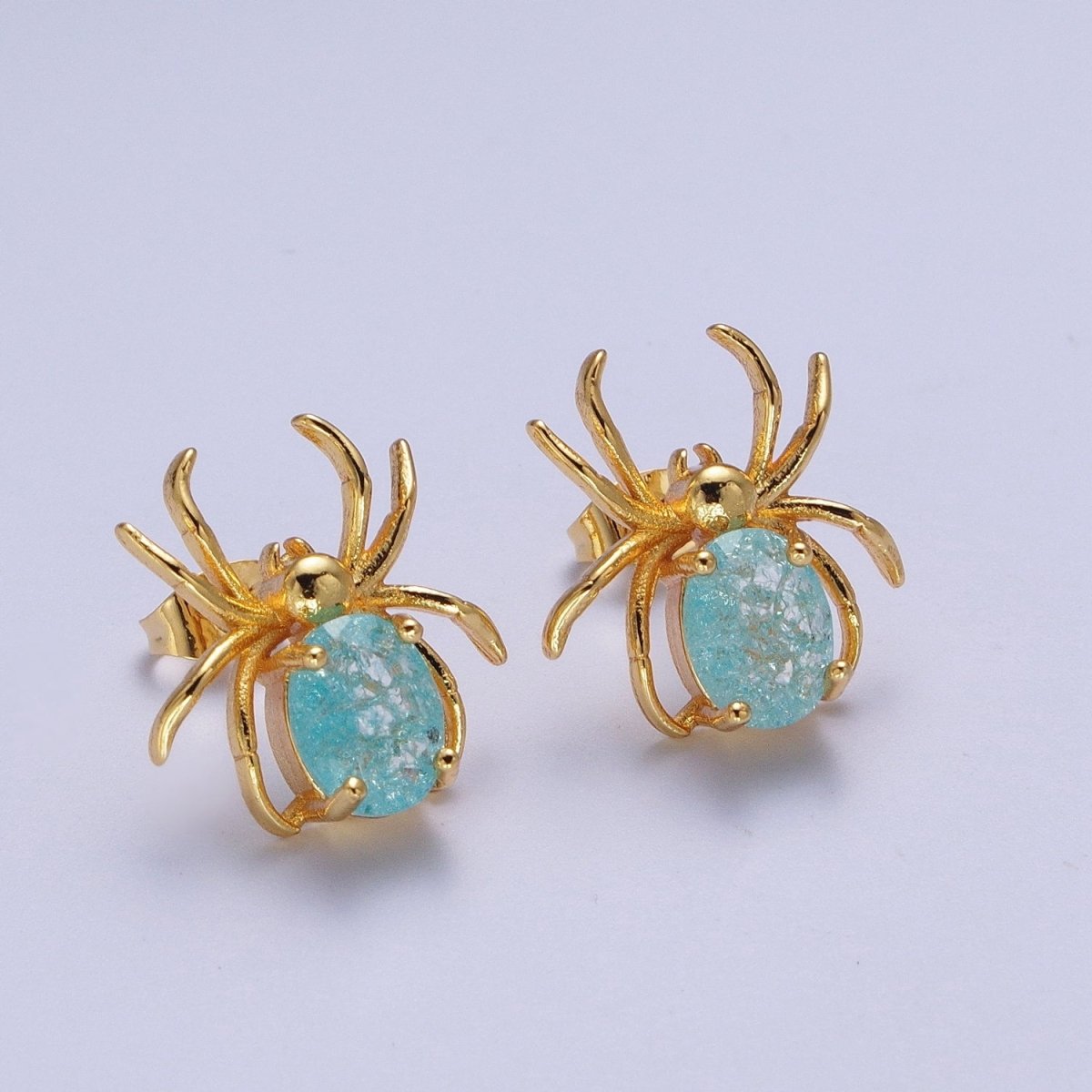 24K Gold Filled Spider Earring Blue Cubic Zirconia Gold Spider Stud Earrings for Halloween | AE-1015