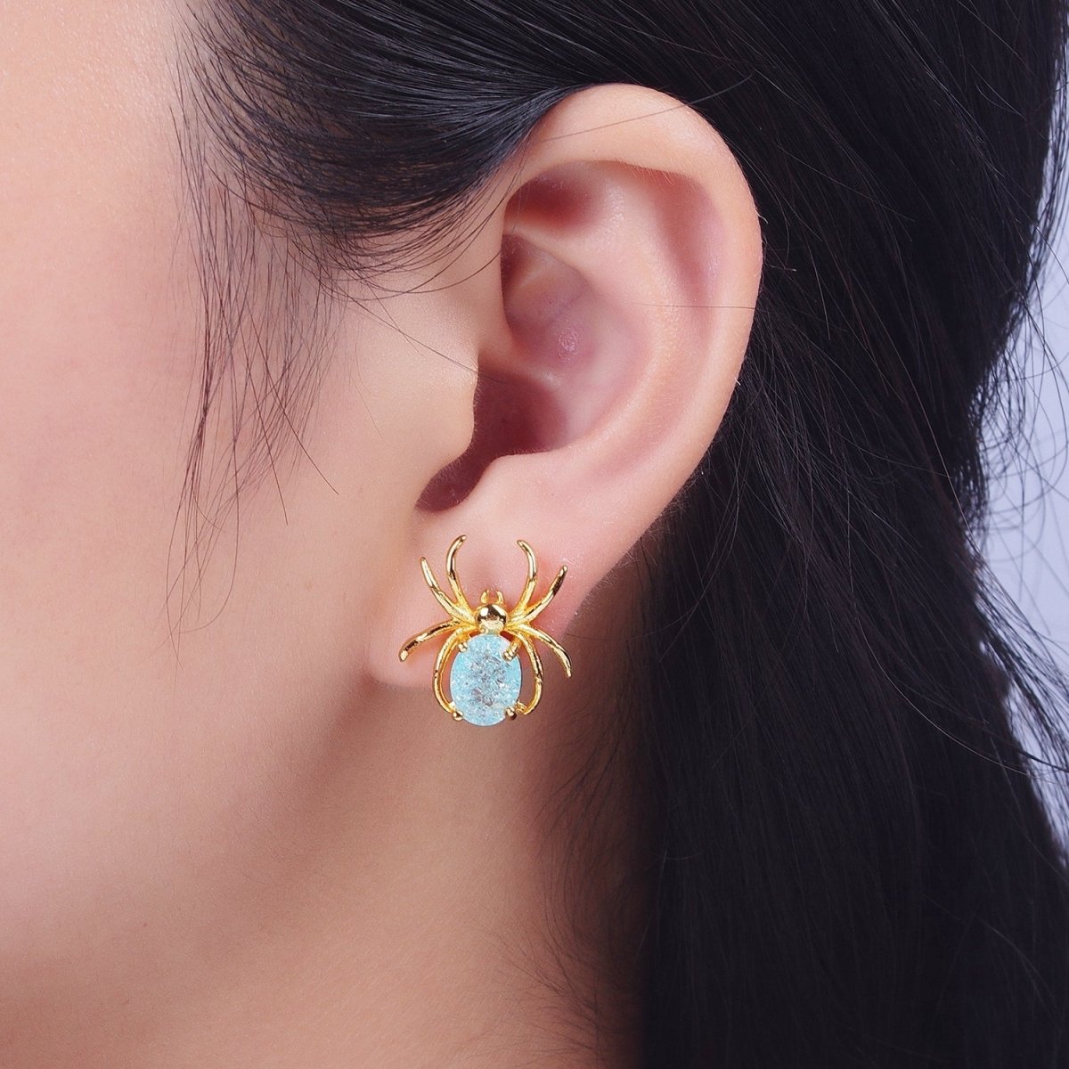 24K Gold Filled Spider Earring Blue Cubic Zirconia Gold Spider Stud Earrings for Halloween | AE-1015
