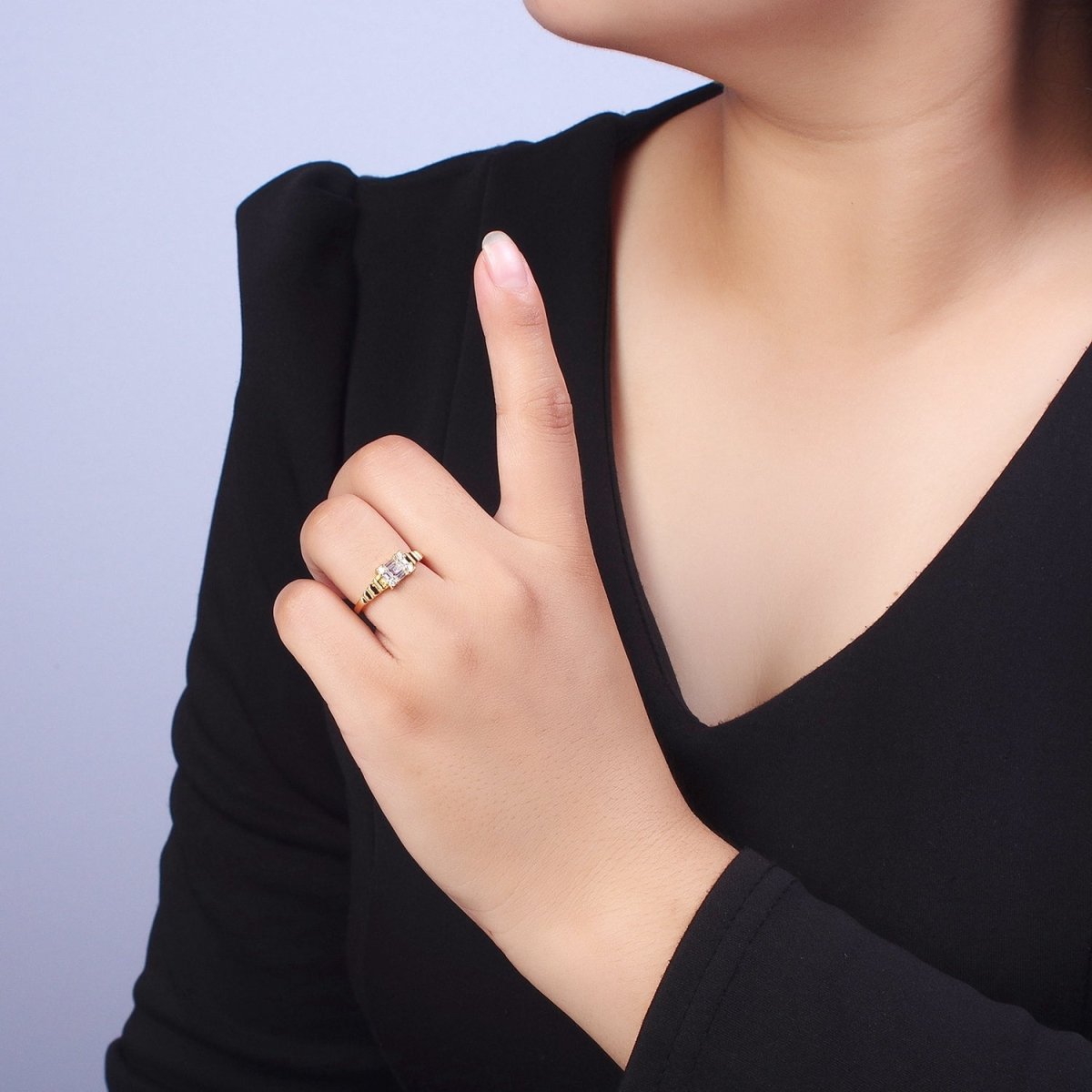 24K Gold Filled Square Baguette Cubic Zirconia Bubble Adjustable Gold Ring | U-023