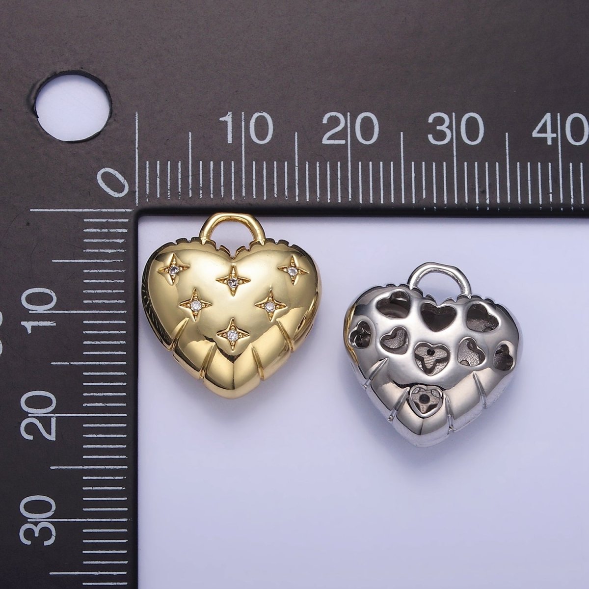 24K Gold Filled Star CZ Puffed Heart Charm in Gold & Silver | H035