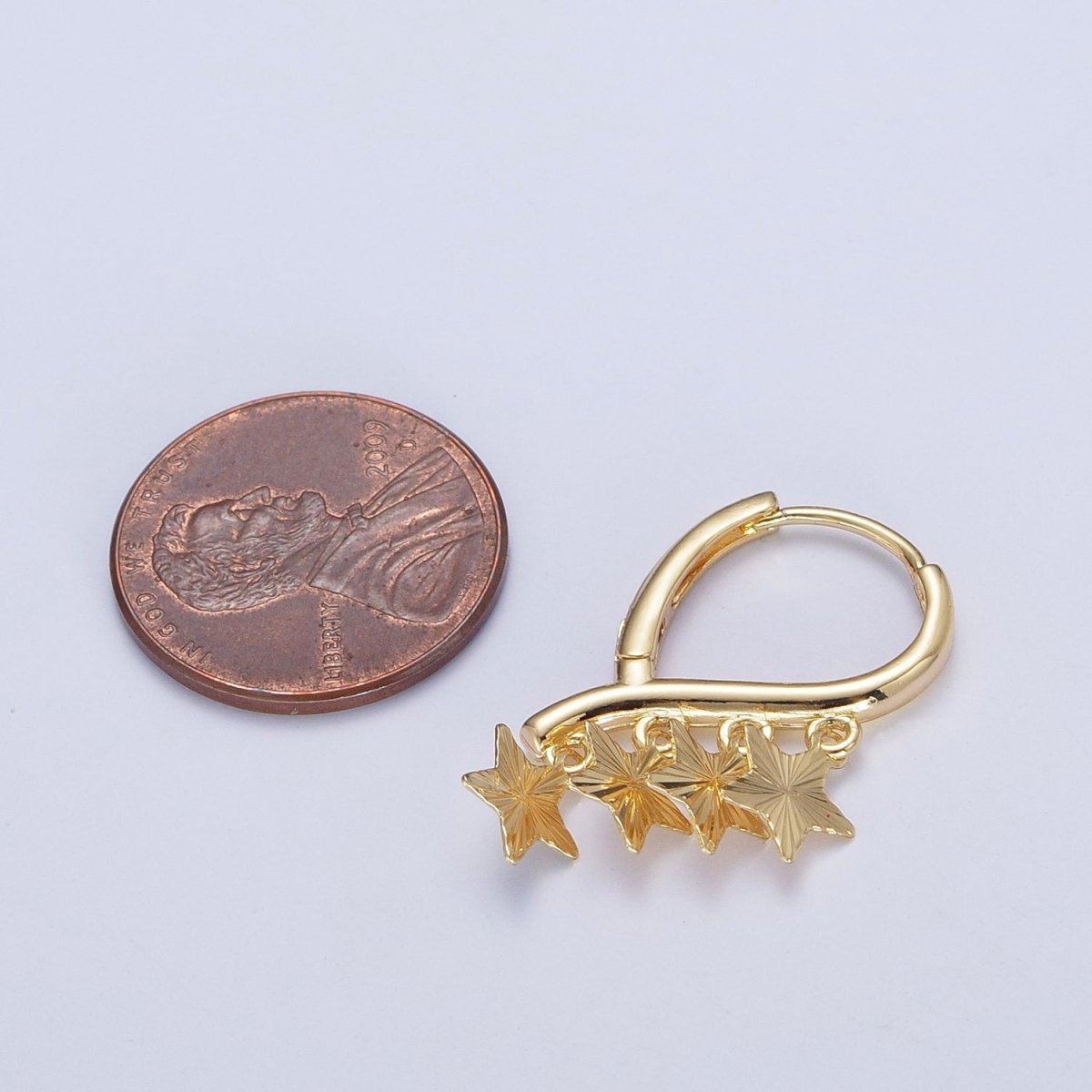 24K Gold Filled Starburst Celestial Star Charm Dangle on Teardrop Huggie Hoop Earrings T-181