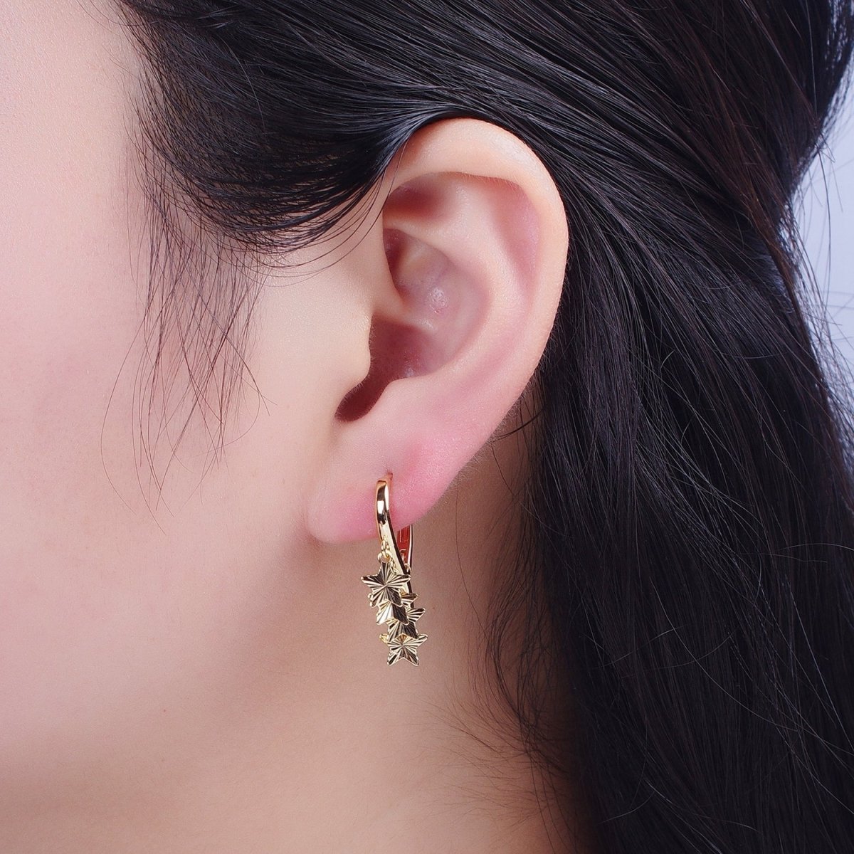 24K Gold Filled Starburst Celestial Star Charm Dangle on Teardrop Huggie Hoop Earrings T-181