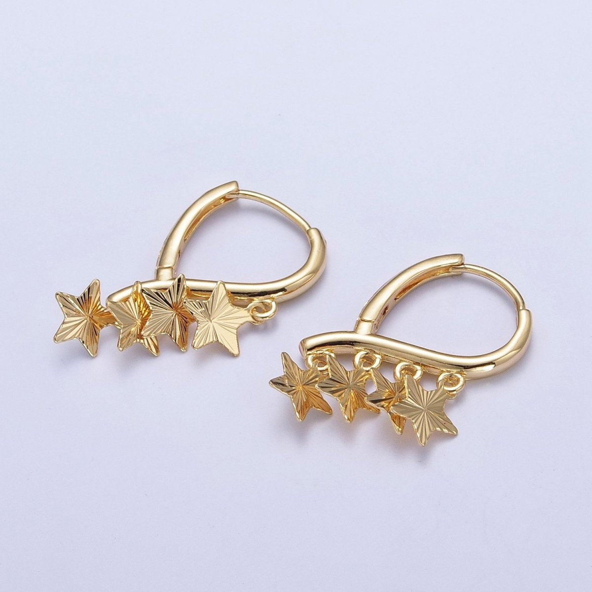 24K Gold Filled Starburst Celestial Star Charm Dangle on Teardrop Huggie Hoop Earrings T-181