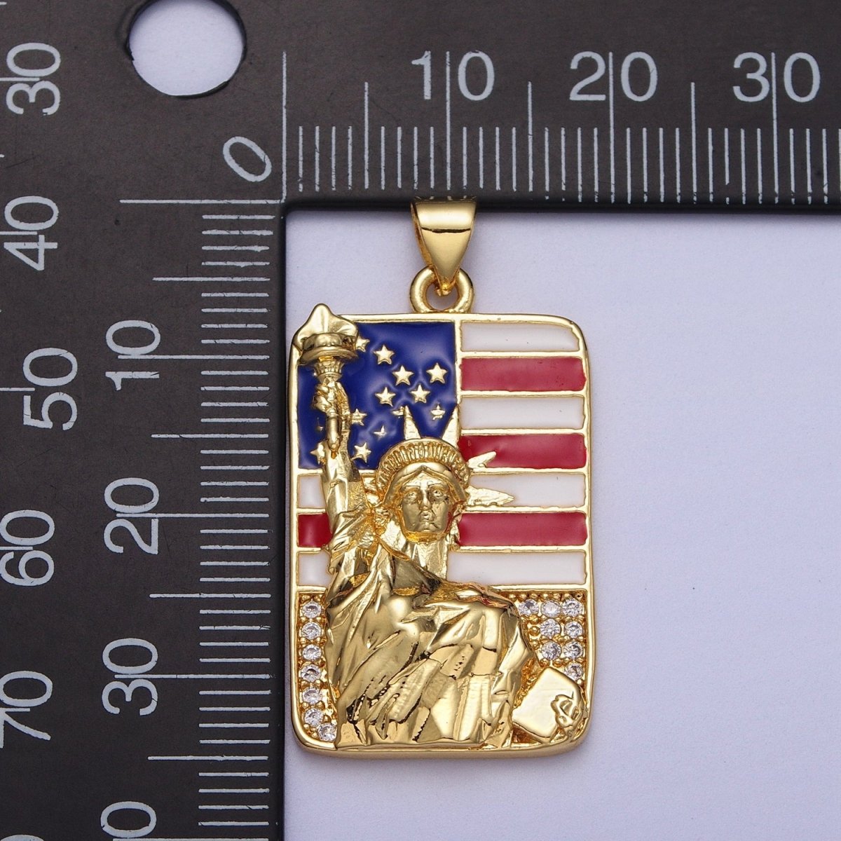24K Gold Filled Statue of Liberty American Flag Enamel Micro Paved Tag Pendant I-281