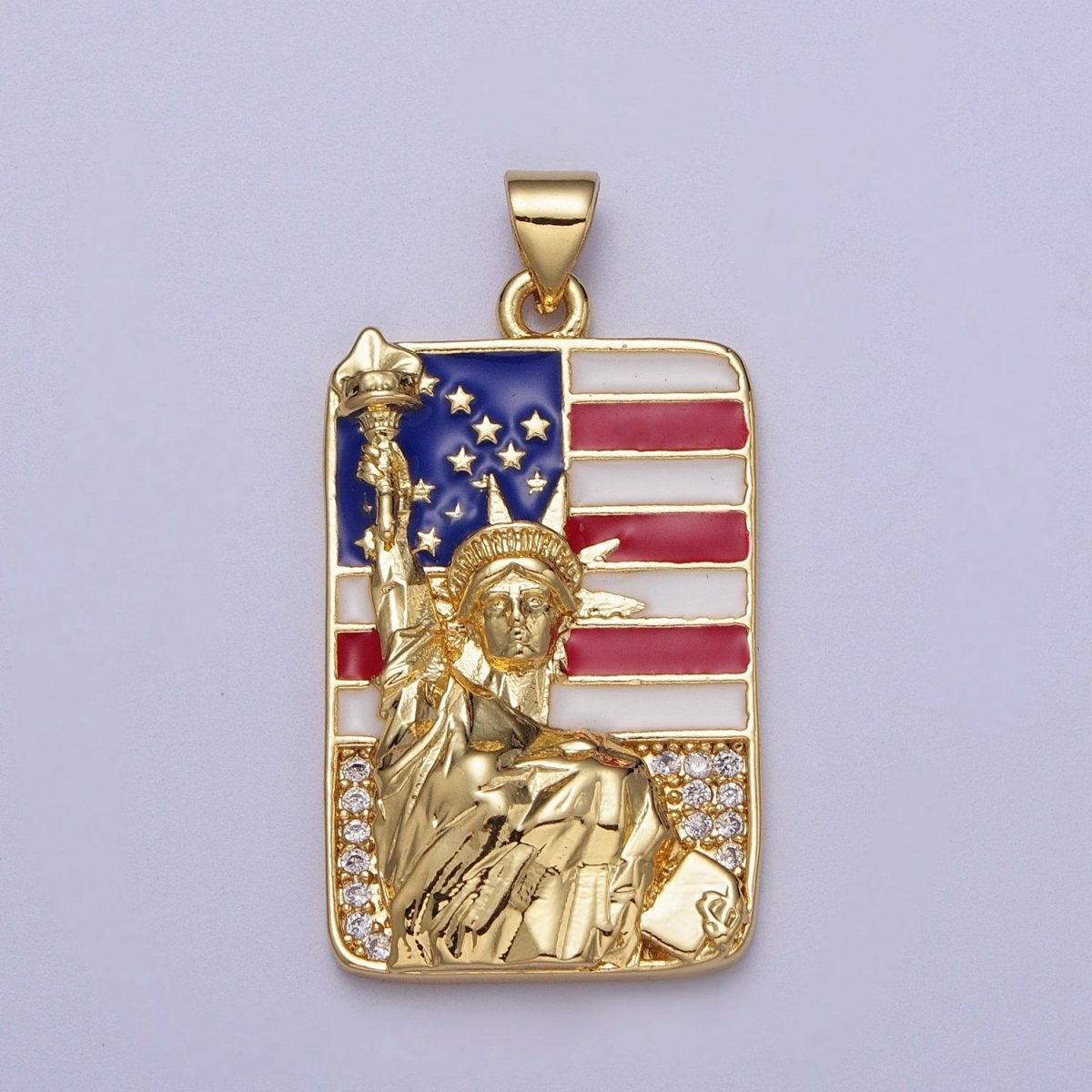 24K Gold Filled Statue of Liberty American Flag Enamel Micro Paved Tag Pendant I-281