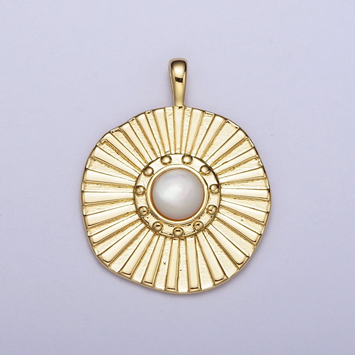 24K Gold Filled Sun Beam White Pearl Round Textured Pendant H-327