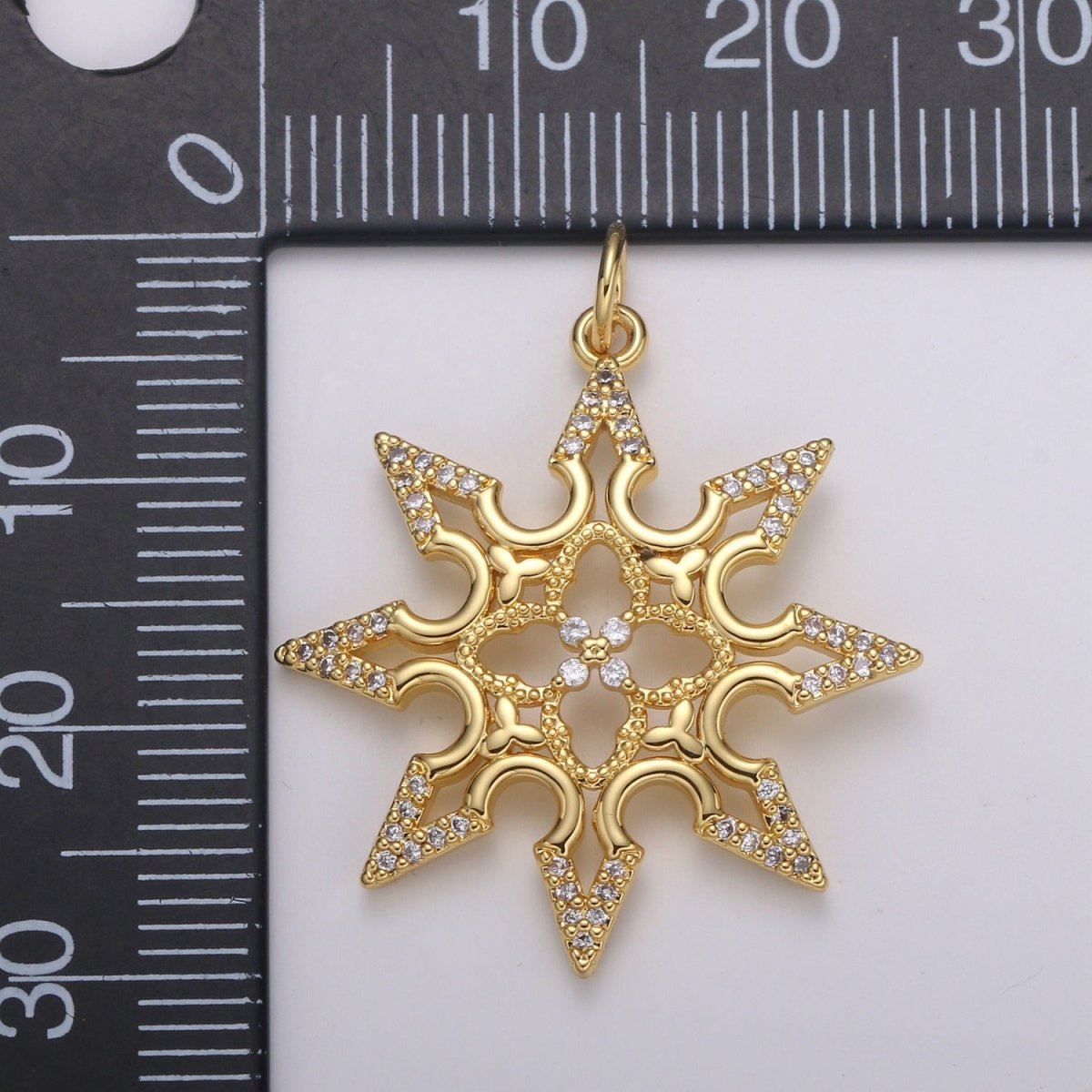 24K Gold Filled Sun CZ Pendant, Micro Pave Cubic Zirconia Star Sun Burst Charm, Celestial Charm 31x25mm E-211