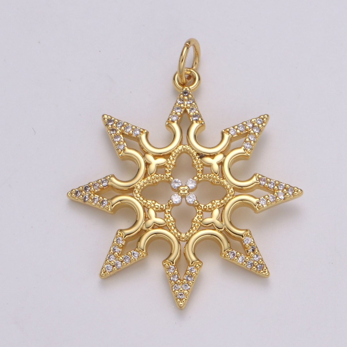 24K Gold Filled Sun CZ Pendant, Micro Pave Cubic Zirconia Star Sun Burst Charm, Celestial Charm 31x25mm E-211