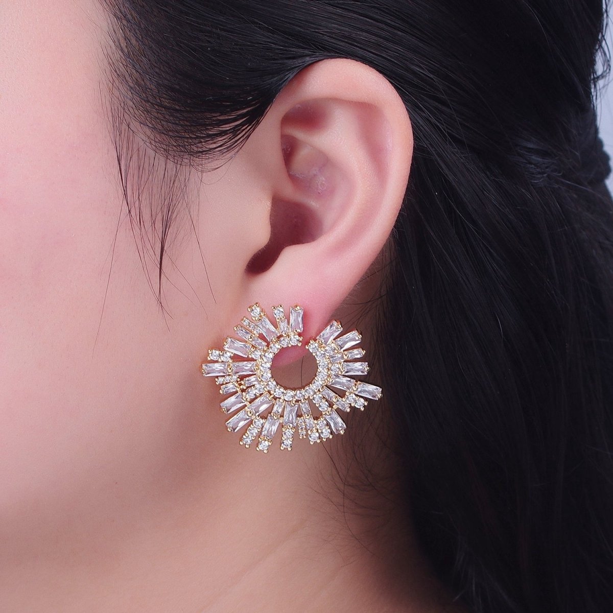 24K Gold Filled Tapered Baguette Sunburst Cubic Zirconia Stud Earrings P-421