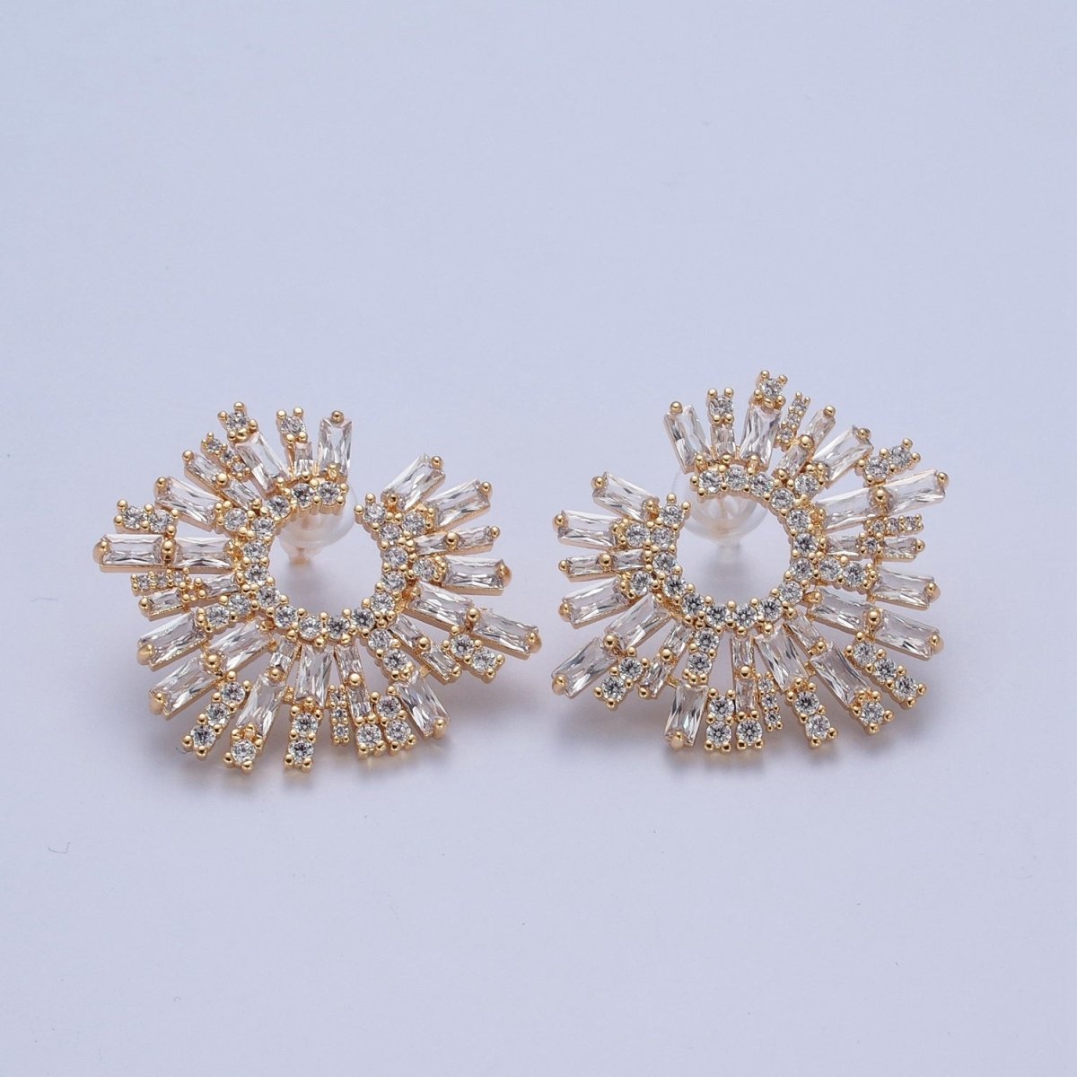 24K Gold Filled Tapered Baguette Sunburst Cubic Zirconia Stud Earrings P-421