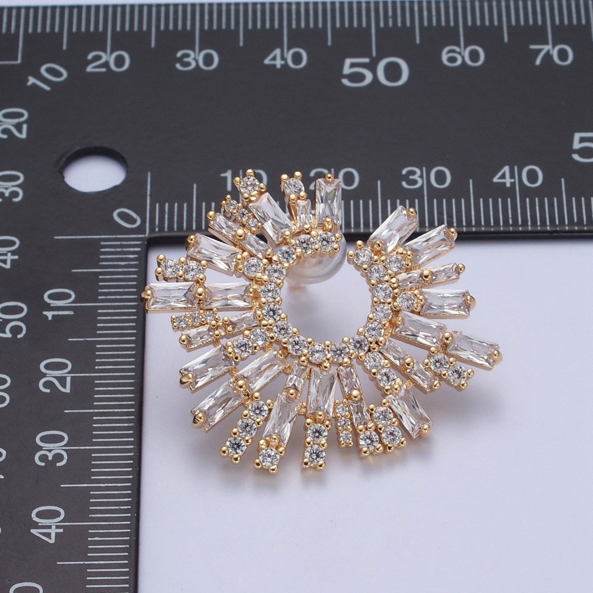24K Gold Filled Tapered Baguette Sunburst Cubic Zirconia Stud Earrings P-421