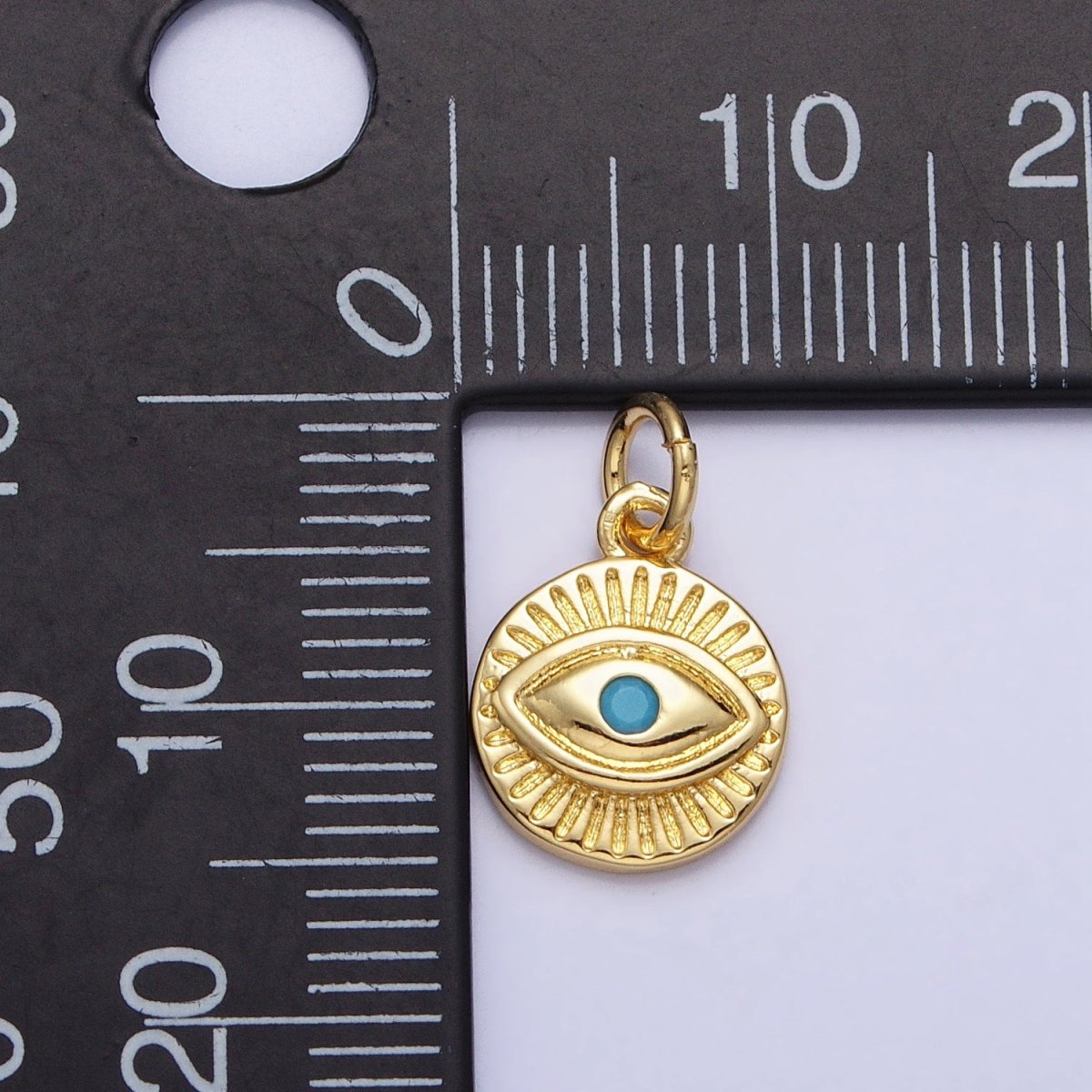 24K Gold Filled Turquoise Evil Eye Sun Bam Lined Round Charm | AC450