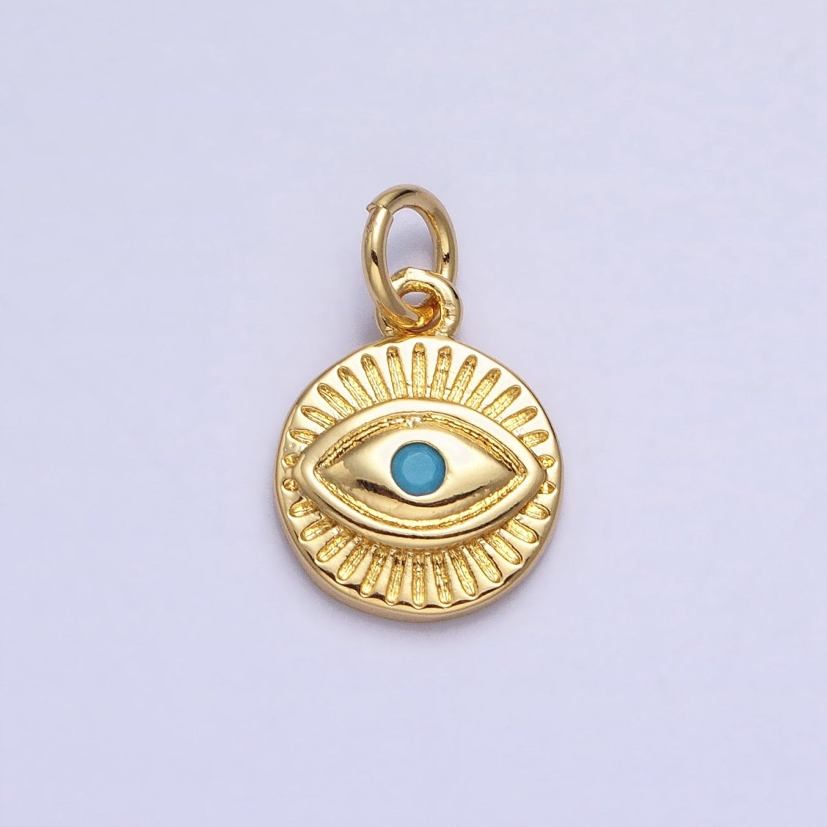 24K Gold Filled Turquoise Evil Eye Sun Bam Lined Round Charm | AC450
