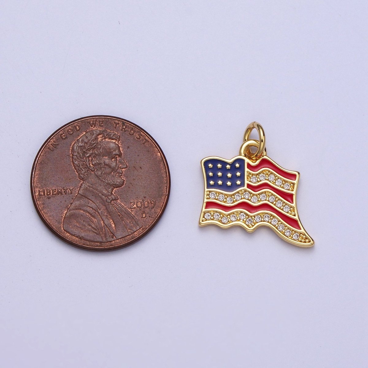 24K Gold Filled USA Independence American Flag Micro Paved CZ Enamel Charm E-443