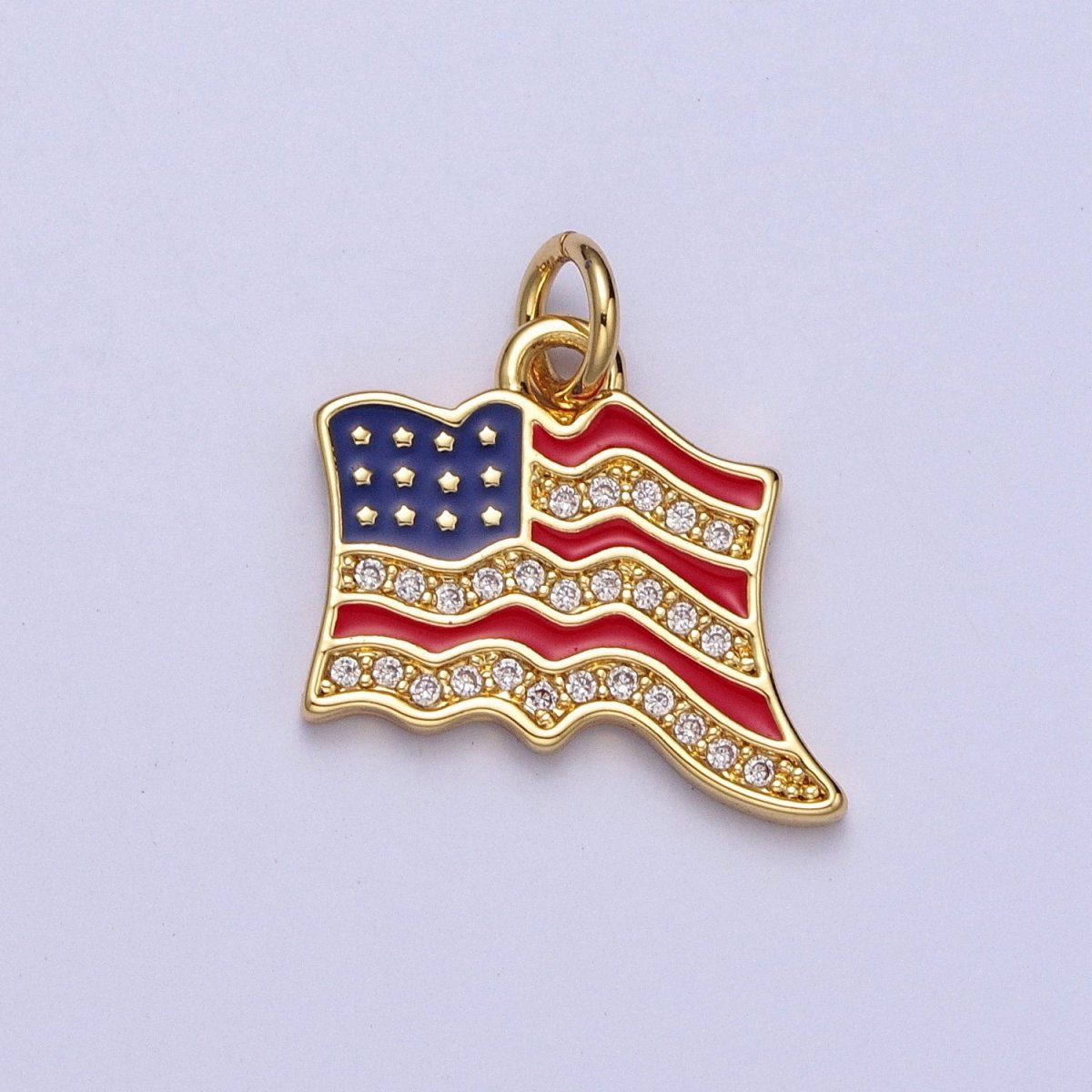 24K Gold Filled USA Independence American Flag Micro Paved CZ Enamel Charm E-443