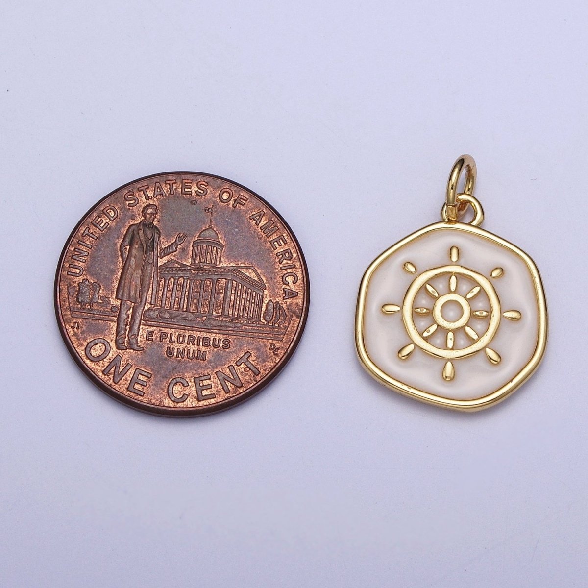 24K Gold Filled White Enamel Ship Boat Steering Wheel Round Coin Charm For Jewelry Making AG-135