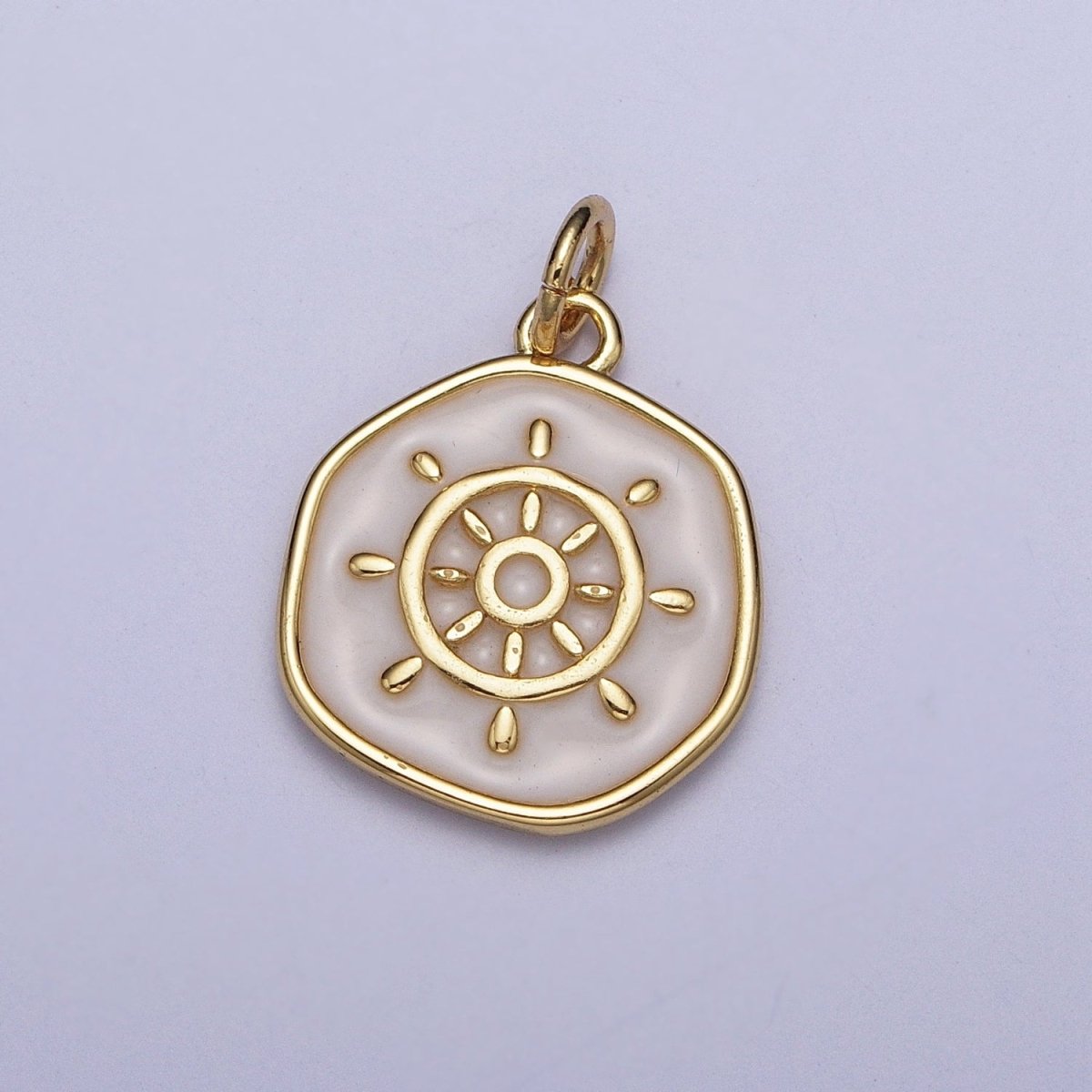 24K Gold Filled White Enamel Ship Boat Steering Wheel Round Coin Charm For Jewelry Making AG-135