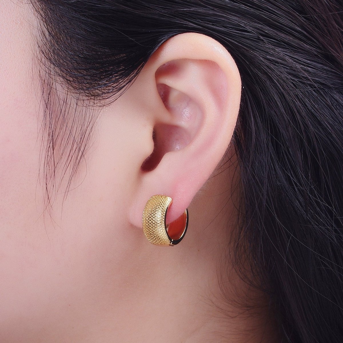 24K Gold Filled Wide Textured Dotted Huggie Hoop Earring T-187