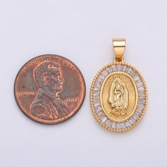 24K Gold Virgin Mary Pendant- Micro Pave Gold Coin Charm- Gold Medal Pendant Necklace -Our Lady of Guadalupe Medal Religious Jewelry Supply  I-632