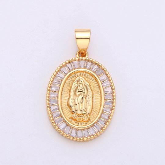 24K Gold Virgin Mary Pendant- Micro Pave Gold Coin Charm- Gold Medal Pendant Necklace -Our Lady of Guadalupe Medal Religious Jewelry Supply  I-632