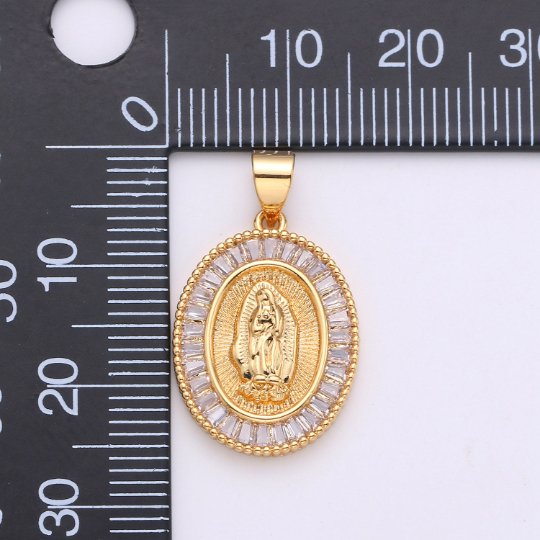 24K Gold Virgin Mary Pendant- Micro Pave Gold Coin Charm- Gold Medal Pendant Necklace -Our Lady of Guadalupe Medal Religious Jewelry Supply  I-632