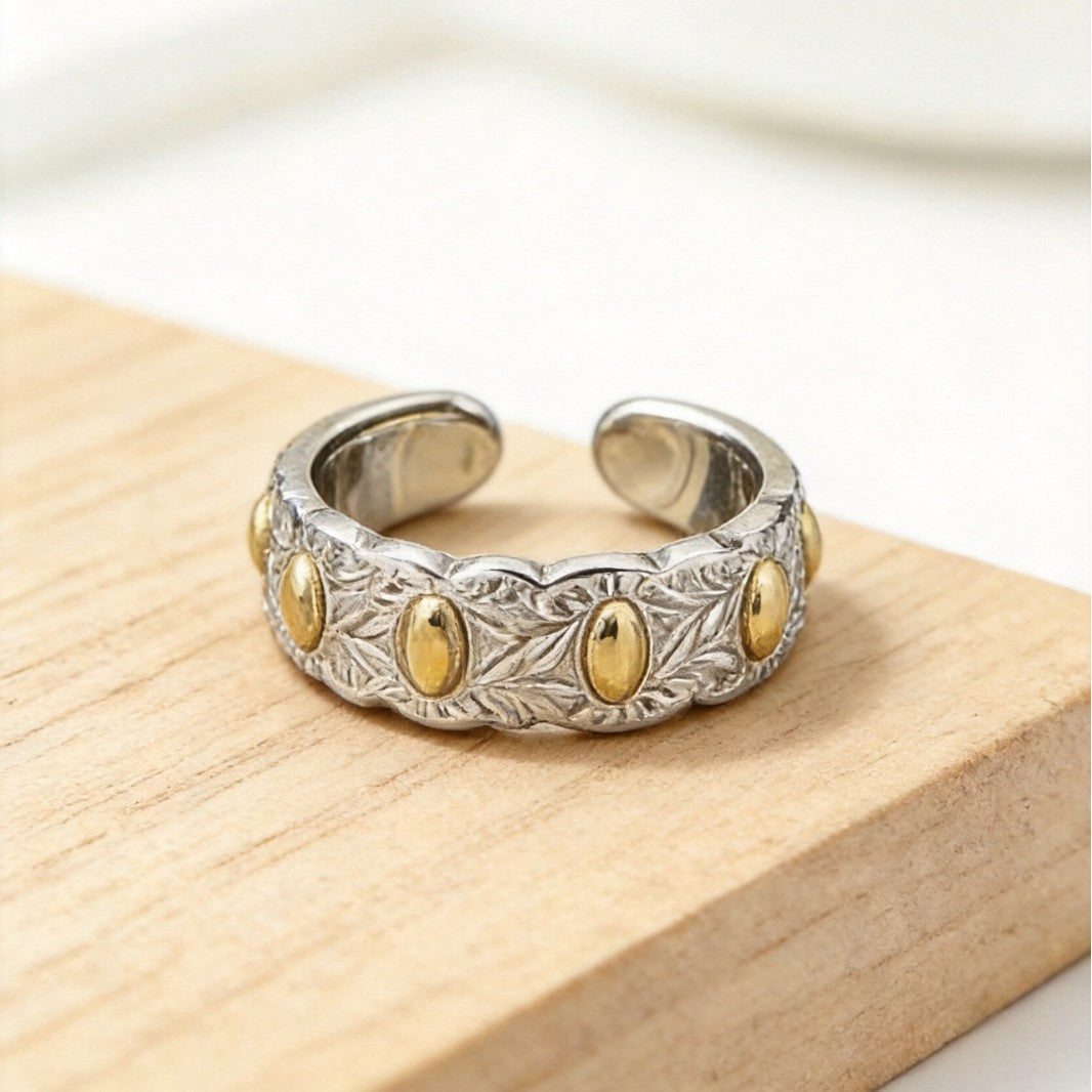 Brass Seven-Grain Rice Ring, Vintage Handcrafted Light Luxury Open Adjustable Band