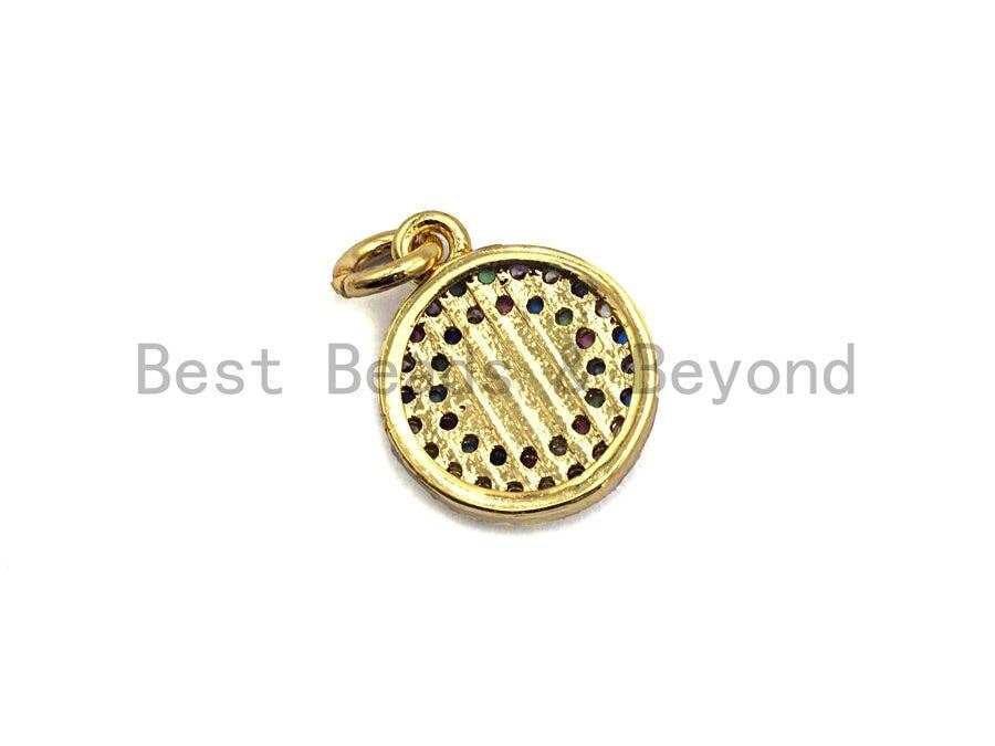 CZ Colorful Micro Pave Round With Evil Eye Pendant, Coin Shaped Pave Pendant, Gold plated, 10x12mm, Sku#F842