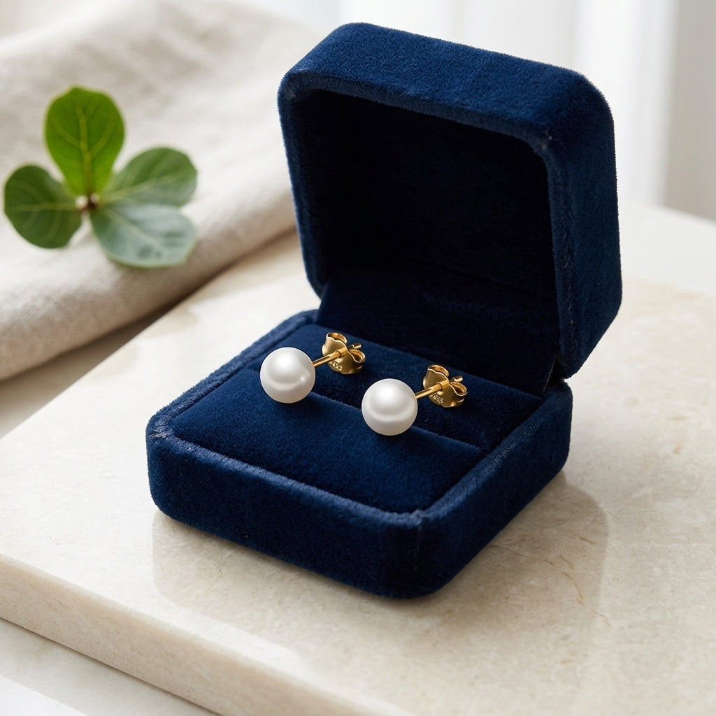 925 Sterling Silver Classic Round White Pearl Stud Earrings with Sterling Silver Butterfly Backings