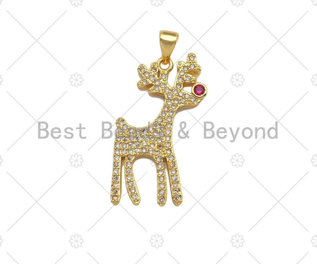 CZ Micro Pave 18k Gold Reindeer Shape Pendant, Cubic Zirconia Pendant, Christmas Charm, CZ Micro Pave Pendant, 28x14mm, Sku#LK209