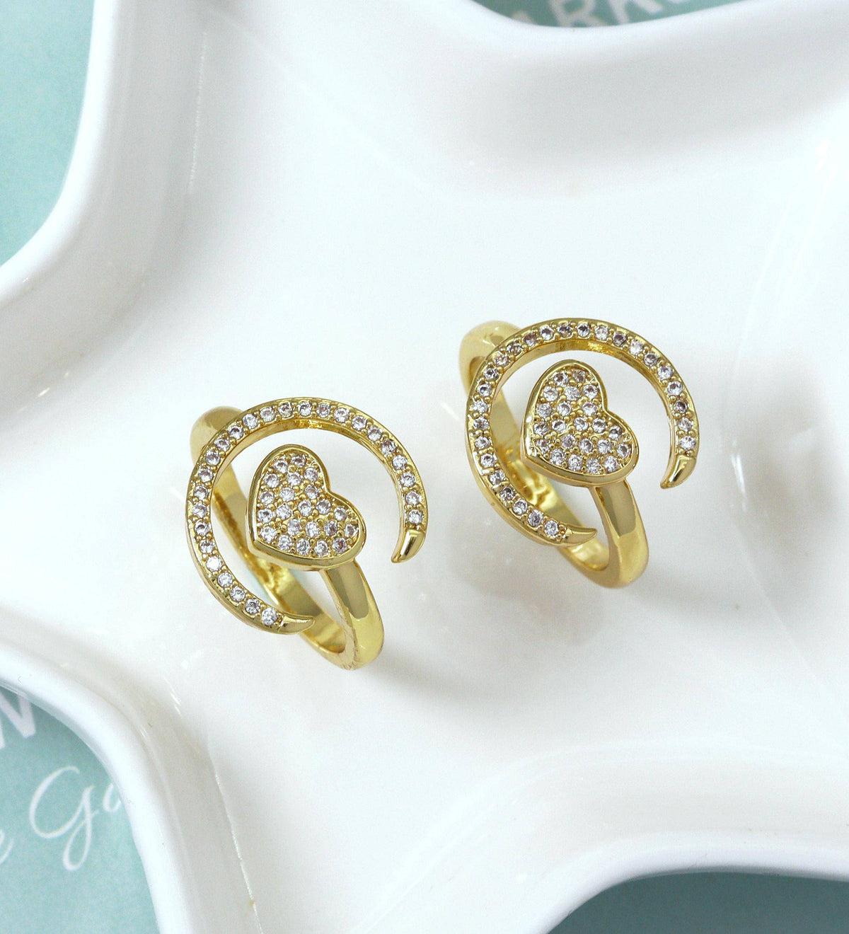 CZ Gold Heart Moon  Ring, Sku#LD320