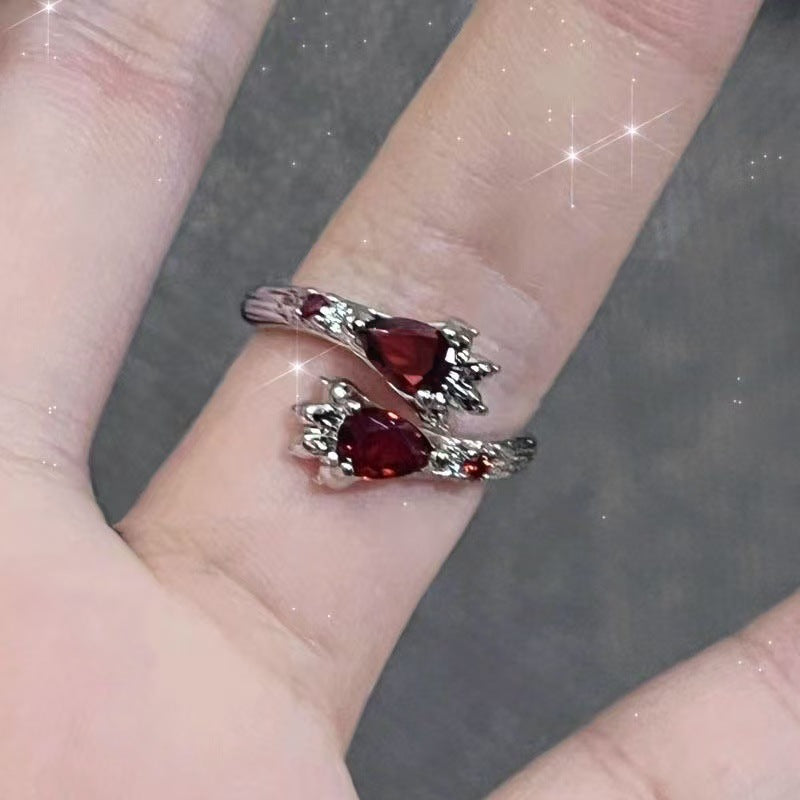Gothic Cross Red Zircon Open Ring - Y2K Subculture Jewelry