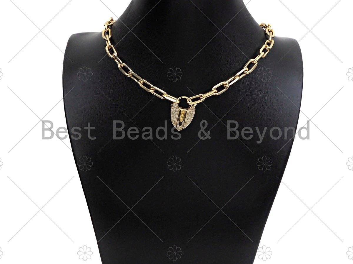 CZ Micro Pave Screw U Heart Padlock Clasp,Screw U Padlock Clasp, Gold Charm Pendant, Padlock Necklace Charms Connector, 17x25mm, Sku#K165