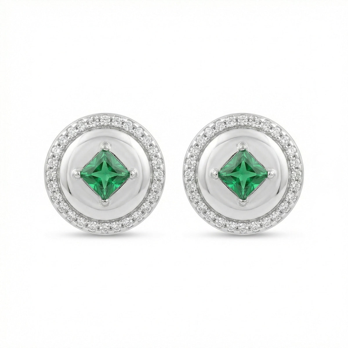 925 Sterling Silver Elegant Round Green Gemstone Stud Earrings with Sparkling Halo