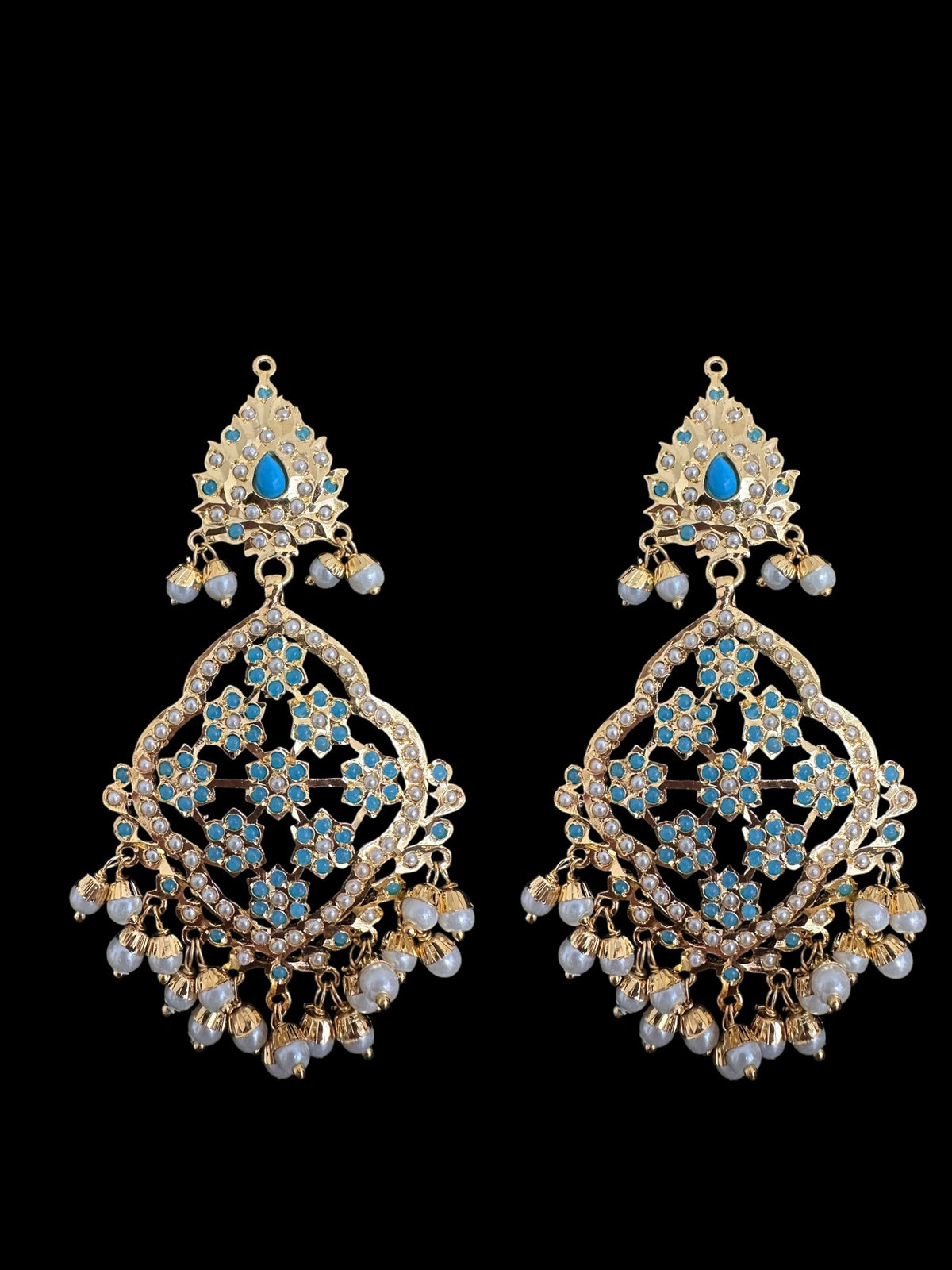 DJET91 Mehru Jadau chandbali earrings tika in turquoise/feroza pearls ( READY TO SHIP )
