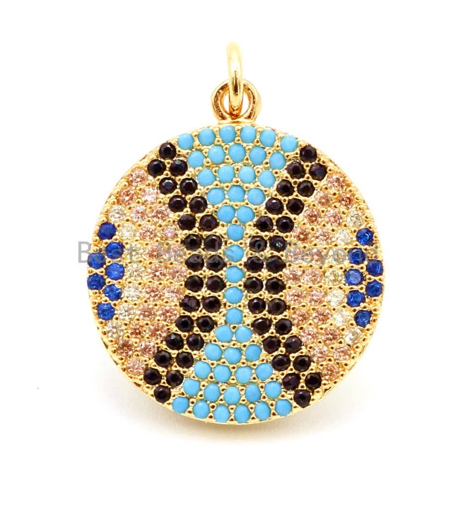 CZ Micro Pave Evil Eye Round Disc Coin Pendant/Charm, Bracelet Necklace Cubic Zirconia Pendant/Charm,18x25mm, sku#F28