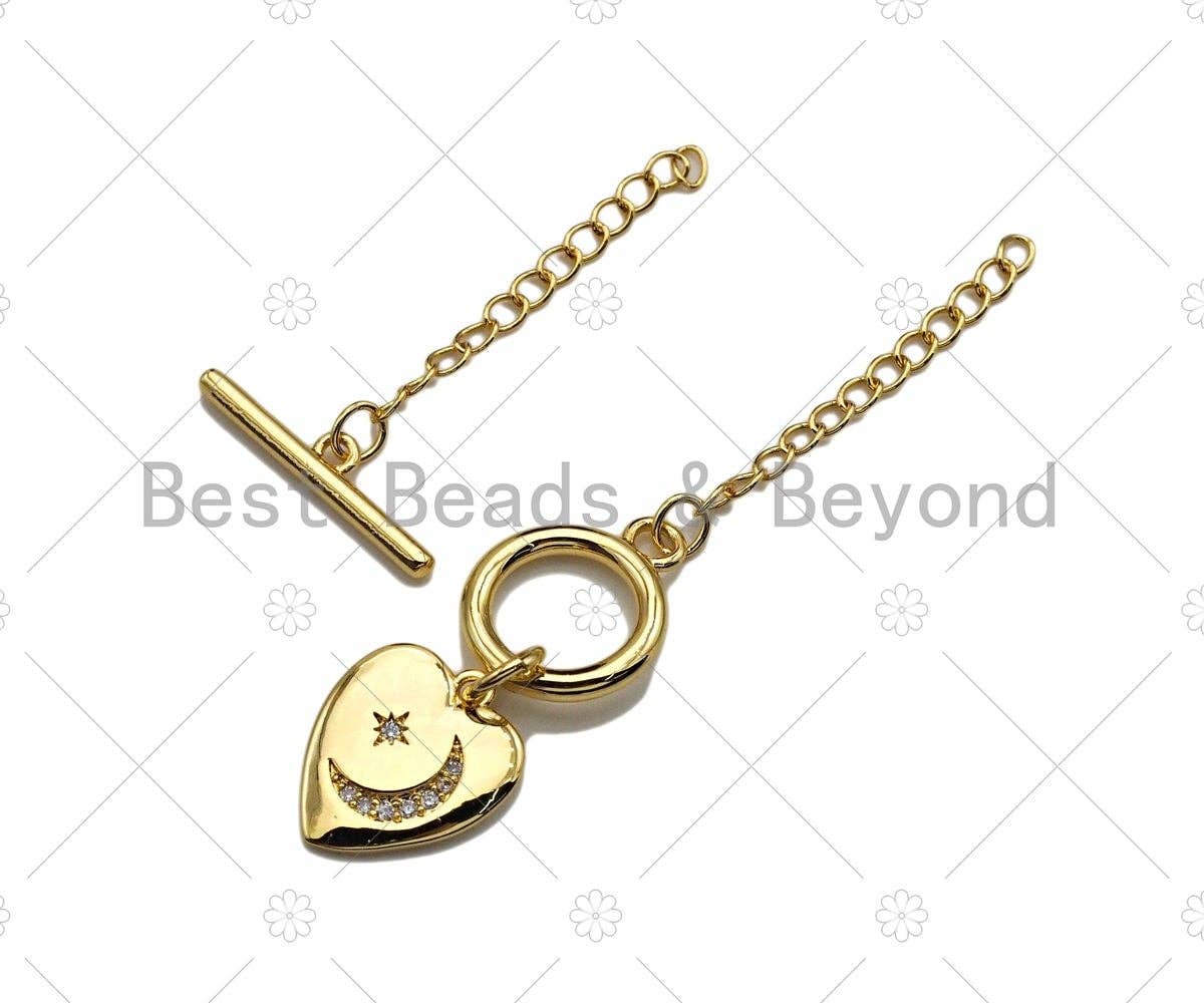 1 Set CZ Micro Pave Moon Star on Heart Toggle Clasp, Gold/Silver Color Heart Toggle Clasp, T-bar closures, 13x15mm, sku#K129