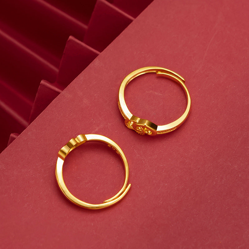 Vietnamese Sand Gold Plated Double Heart Ring For Women, Japanese & Korean Fashion Adjustable Open Love Ring