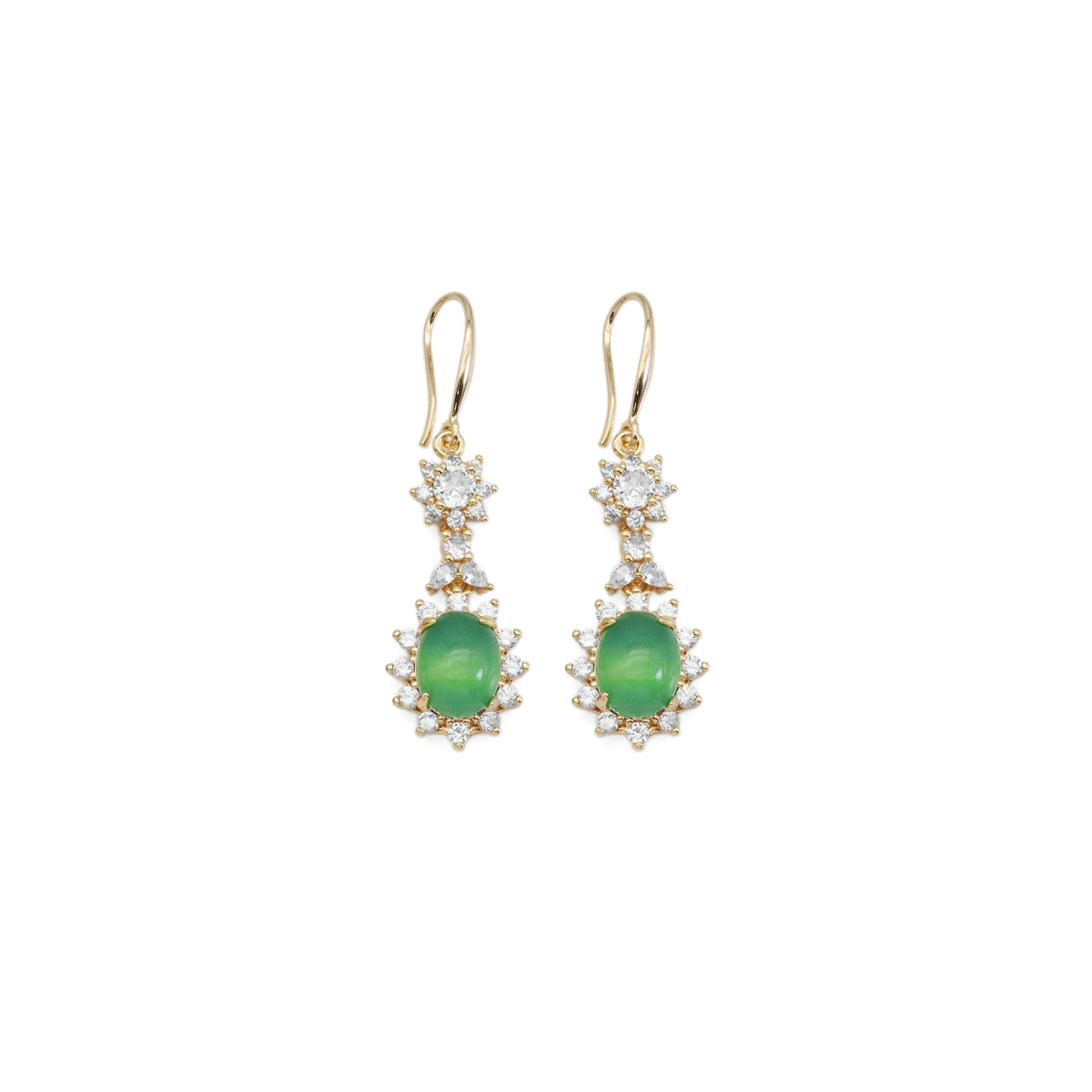 Clear CZ Gold Green Oval Jade Earrings, Sku#LX349