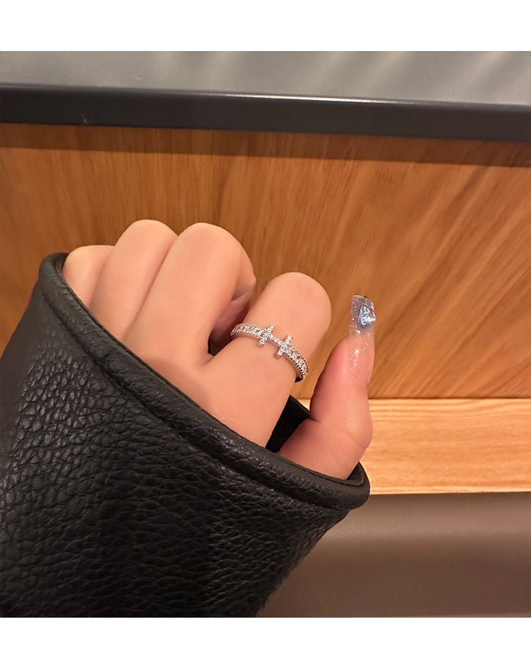 Elegant Light Luxury High-End Diamond Ring For Women, INS Versatile Open Index Finger Ring, Niche Simple Sparkling Zircon Band