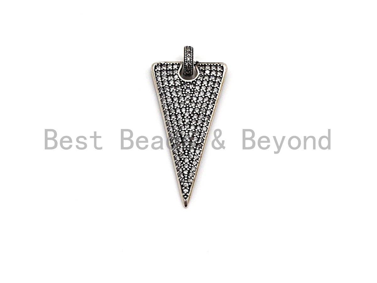 CZ Micro Pave Triangle Shape Pendant, Antique Silver Tone, Cubic Zirconia Pave Triangle Pendant, 18x35mm,sku#F1026