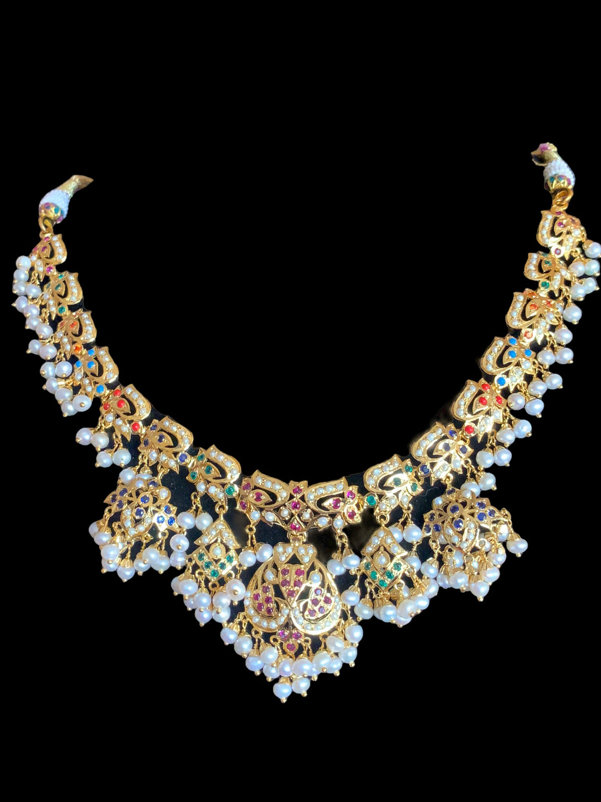 Navratan necklace  set with fresh water pearls in gold plated silver ( READY TO SHIP )