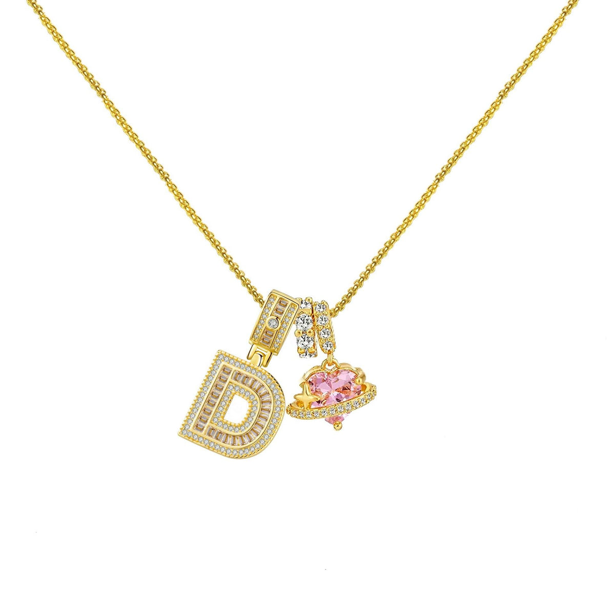 Gold-Plated Copper Planet Heart Pendant Necklace With Diamonds