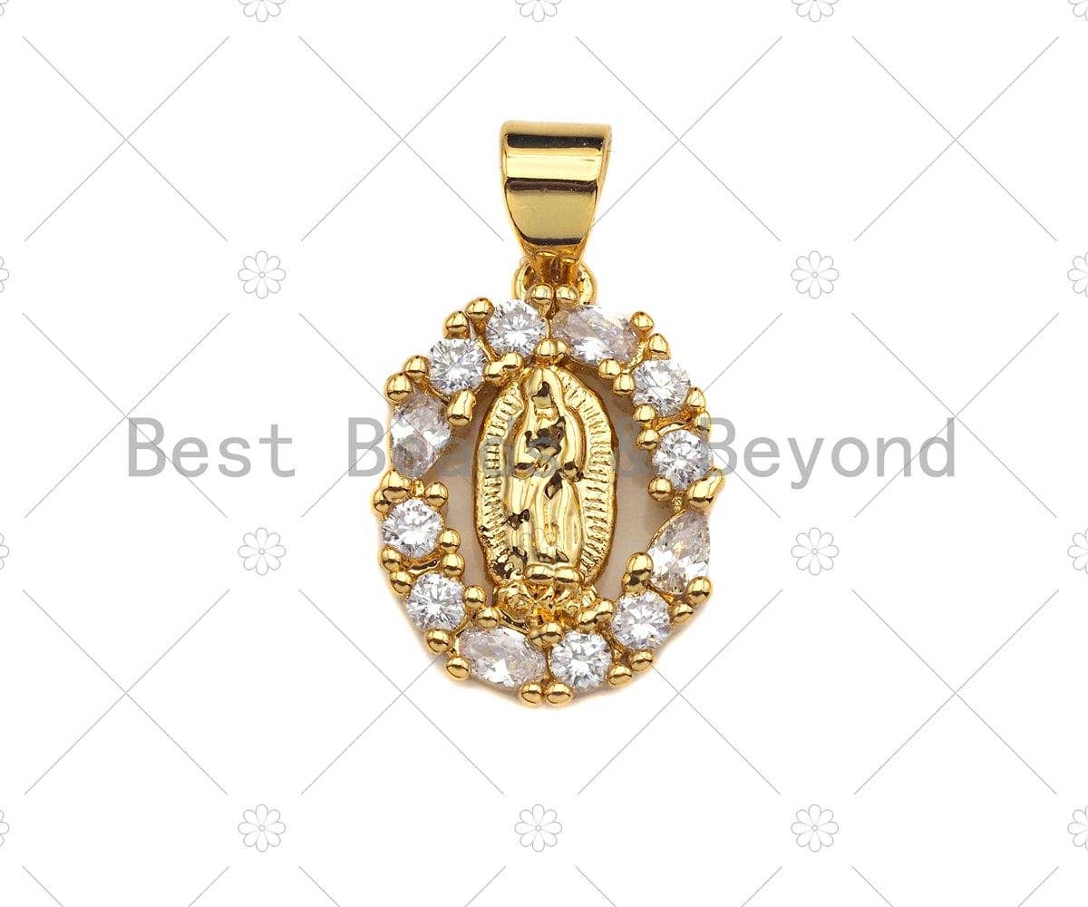 18K Gold Virgin Mary On Oval Emblem Shape Pendant, Oval Charm,  Sku#F1150C