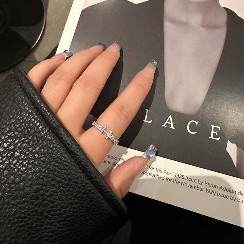 Elegant Light Luxury High-End Diamond Ring For Women, INS Versatile Open Index Finger Ring, Niche Simple Sparkling Zircon Band