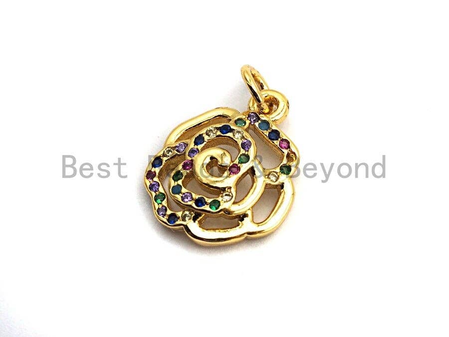 CZ Colorful Micro Pave Rose Flower Pendant, Rose Shaped Pave Pendant, Gold plated, 13x16mm, Sku#F839