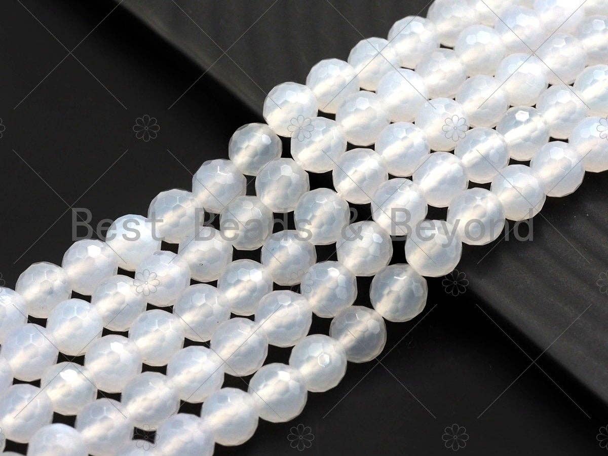High Quality Natural Milky White Agate Beads, Round Faceted 6mm/8mm/10mm/12mm White Agate Beads, 15.5" Full Strand, Sku#U569