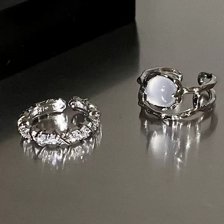 White Moonstone Couple Rings For Men & Women, Niche Zircon Inlaid French Style Adjustable Open Index Finger Jewelry